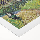 Art deco poster featuring a stylized Van Gogh portrait in bold blue and yellow tones on rolled canvas.