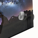 Close-up view of a vibrant acrylic landscape painting depicting a majestic castle surrounded by lush greenery, showcasing intricate details and vivid colors.