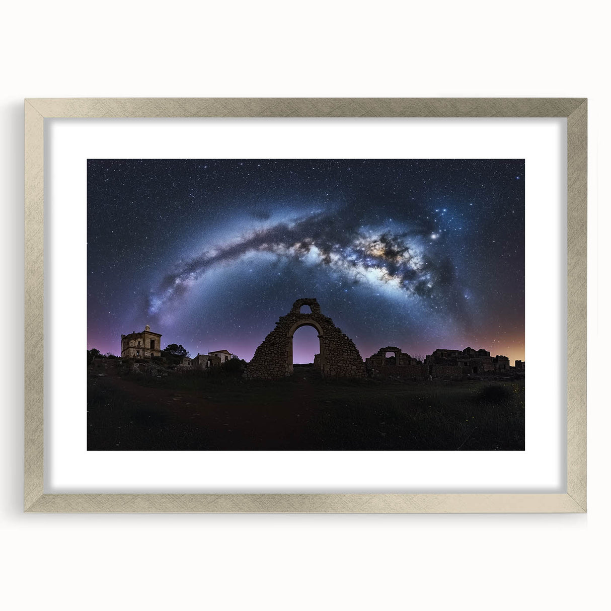 Elegant silver-framed landscape artwork featuring a majestic castle set against a serene natural backdrop, complemented by a classic mat, perfect for home decor.
