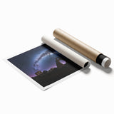 Rolled print showcasing a stunning landscape featuring a medieval castle surrounded by lush greenery and a vibrant sunset, perfect for home decor.