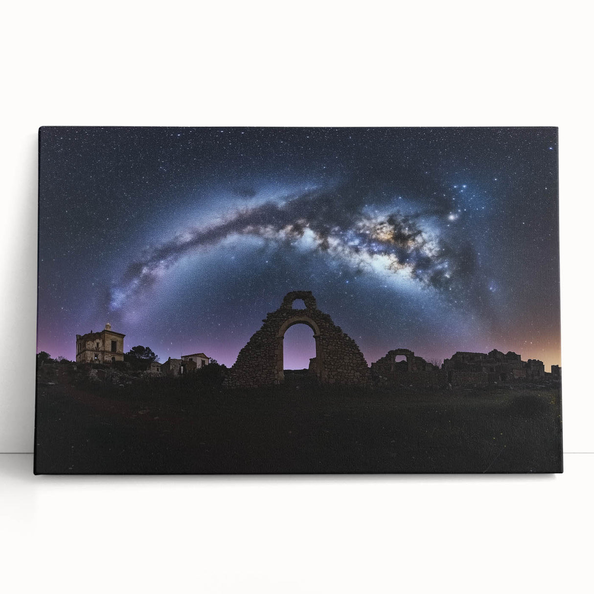 Stretched canvas artwork depicting a picturesque landscape with a majestic castle surrounded by lush greenery, showcasing vibrant colors and intricate details. Ideal for home decor, this piece enhances any living space with its artistic charm and serene atmosphere.