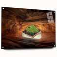 Acrylic glass artwork showcasing a stunning landscape with cave formations, displayed side view with pins, featuring rich colors and intricate details.