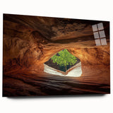 Acrylic glass artwork showcasing a vibrant landscape scene with caves, displayed elegantly from a side view, enhancing modern decor aesthetics. Perfect for nature lovers.
