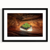Framed landscape artwork depicting a serene cave scene, featuring rich earthy tones and a black mat for emphasis, ideal for enhancing home decor aesthetics.