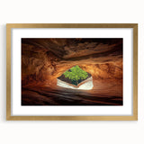 Gold-framed landscape artwork showcasing a serene cave scene with a mat, perfect for enhancing home decor. Ideal for nature lovers and art enthusiasts.