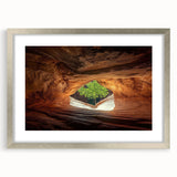 Silver-framed landscape artwork featuring intricate cave designs, highlighting natural textures and earthy tones, ideal for modern home decor and gallery displays.