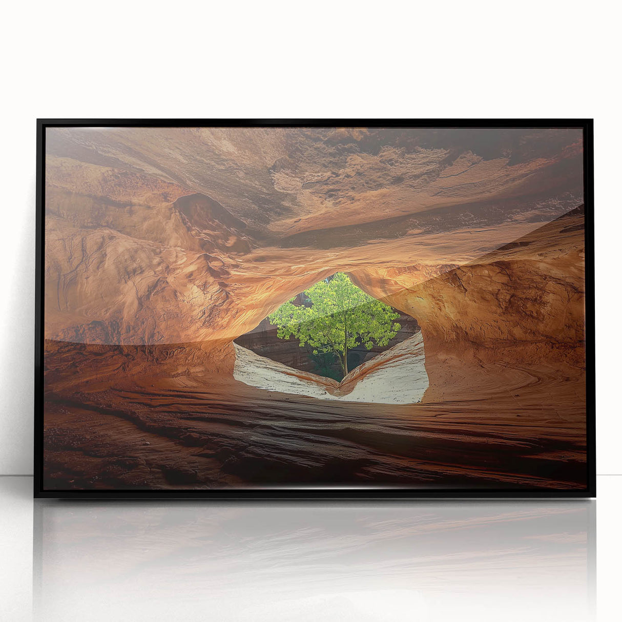 Framed acrylic landscape artwork showcasing a cave scene with rich, earthy tones and intricate details, set in a sleek black frame for modern decor. Ideal for nature lovers and home decoration enthusiasts.