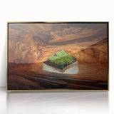 Framed acrylic artwork showcasing a stunning landscape with caves, highlighted by a gold frame, perfect for modern home decor and art enthusiasts.
