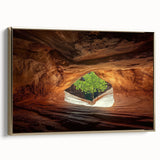 Framed canvas artwork showcasing a stunning landscape with caves, featuring rich gold accents and a sleek side view, perfect for enhancing home decor.