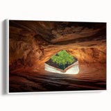 Framed canvas artwork showcasing a stunning landscape of caves, displayed in a sleek white frame, perfect for enhancing modern home decor with a touch of nature.