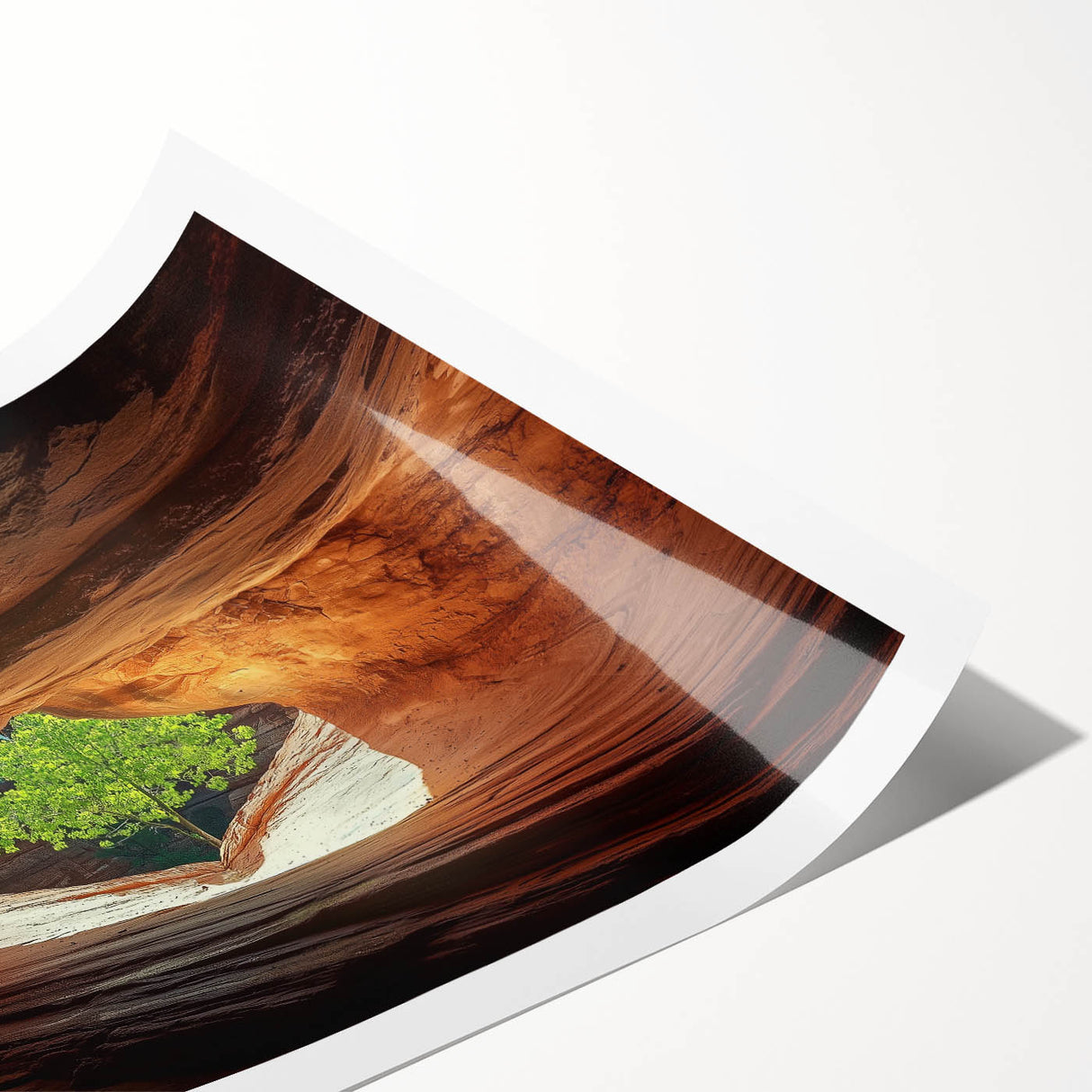 Abstract landscape print showcasing intricate cave formations in earthy tones, rolled and ready for display. Ideal for nature-inspired home decor or art enthusiasts.