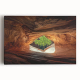 Stretched canvas artwork depicting a vibrant landscape scene with intricate cave formations, rich colors blending earthy tones, perfect for home decor.