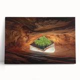 Stretched canvas artwork featuring a vibrant landscape scene of caves and natural formations, showcasing earthy tones and intricate details, ideal for home decor.
