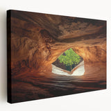 Stretched canvas artwork depicting a serene landscape with intricate cave formations, showcasing earthy tones and detailed textures, perfect for home decor.