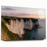 Acrylic glass artwork showcasing a stunning side view of colorful cliffs, elegantly pinned for display. Bright colors and intricate textures create a captivating landscape scene.