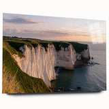 Stunning acrylic glass artwork depicting a dramatic cliff landscape in vibrant colors, showcasing intricate details and a sleek side view without pins, perfect for modern decor.