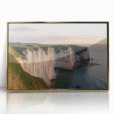 Framed acrylic artwork showcasing a dramatic landscape of cliffs with golden accents, perfect for enhancing modern home decor. Ideal for art enthusiasts and interior designers.