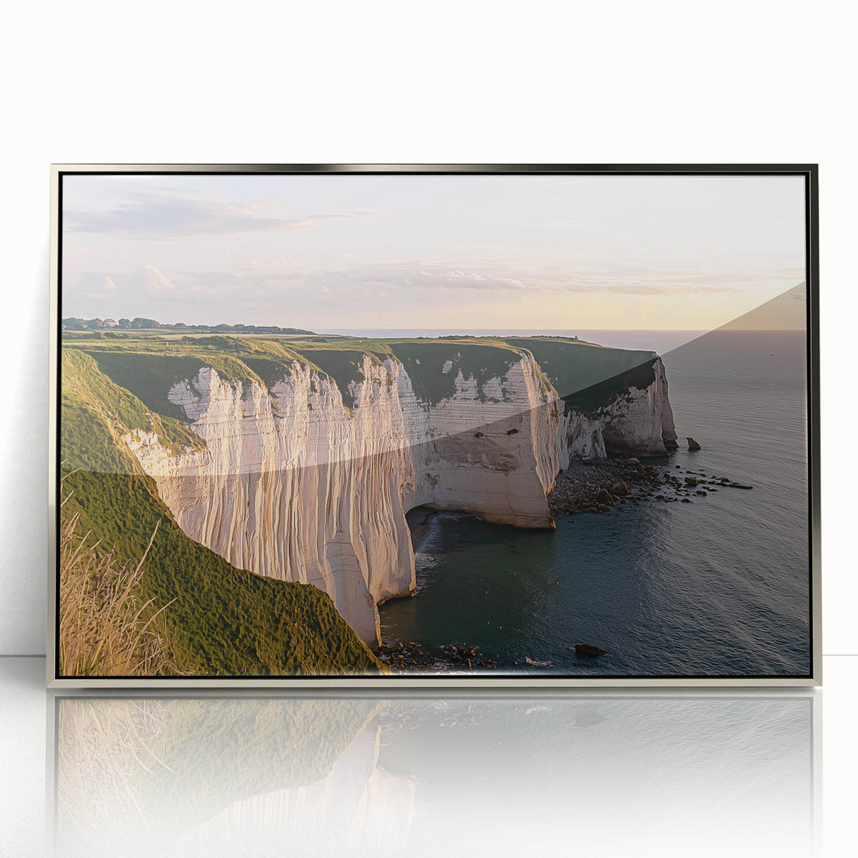 Framed acrylic artwork showcasing a breathtaking cliff landscape with vibrant colors and intricate details, perfect for enhancing modern home decor.