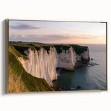 Framed canvas artwork showcasing a stunning landscape of cliffs bathed in golden hues, highlighting natural beauty and ideal for modern home decor.