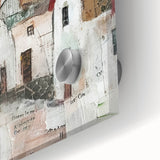 Close-up of a vibrant abstract architecture wall art piece featuring geometric shapes in bold colors, designed for modern home decor, printed on acrylic glass.