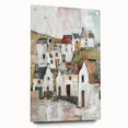 Abstract architectural wall art piece displayed in a side view, showcasing vibrant colors and modern design on acrylic glass with decorative pins, ideal for contemporary decor.