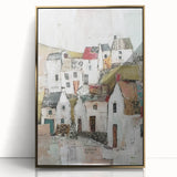 Framed abstract architecture wall art featuring gold accents and an acrylic front, displayed on a minimalist wall, enhancing modern décor aesthetics.