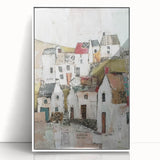 Framed abstract architecture wall art in a sleek white frame, showcasing geometric shapes and soft colors, ideal for modern home decor.