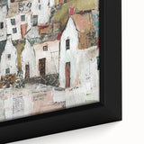 Close-up of a framed abstract architecture wall art piece showcasing geometric shapes and vibrant colors, ideal for modern home decor enhancement.