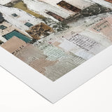 Abstract architecture wall art on rolled canvas, showcasing geometric shapes in vibrant colors of blue and orange, ideal for modern home decor.