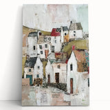 Abstract architecture wall art on stretched canvas, showcasing geometric shapes in vibrant colors, elegantly leaning against a wall for modern decor.