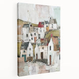 Stretched canvas artwork showcasing a modern abstract architectural design with vibrant colors and geometric patterns, ideal for contemporary home decor.