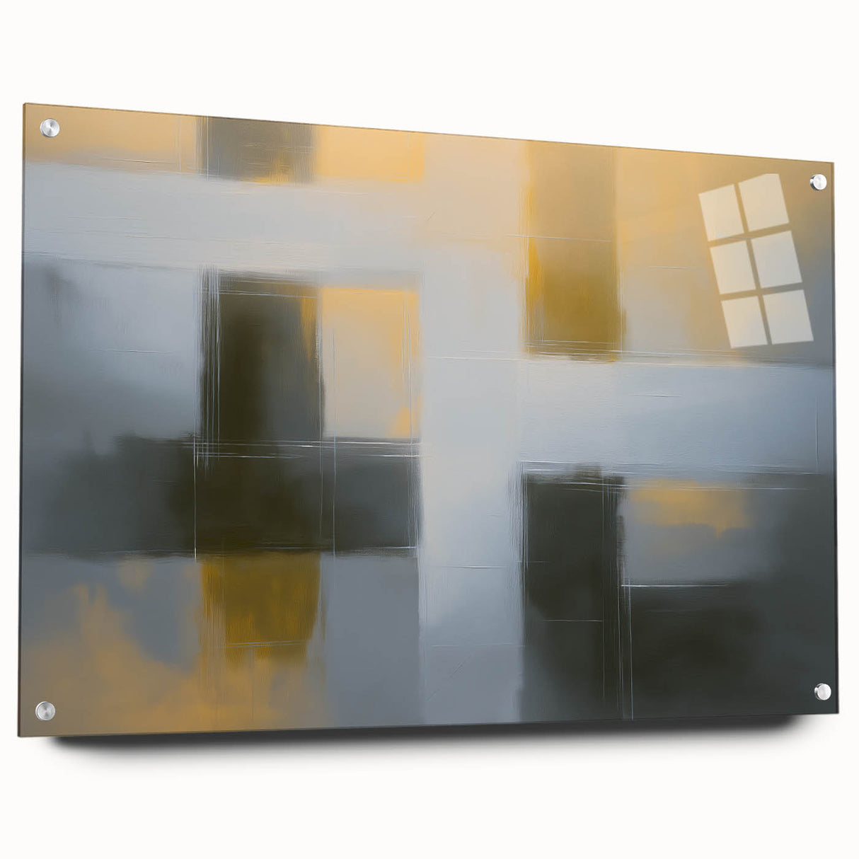 Abstract geometric acrylic glass artwork in vibrant colors, showcased from a side view, highlighting its pins for secure mounting. Perfect for modern decor.