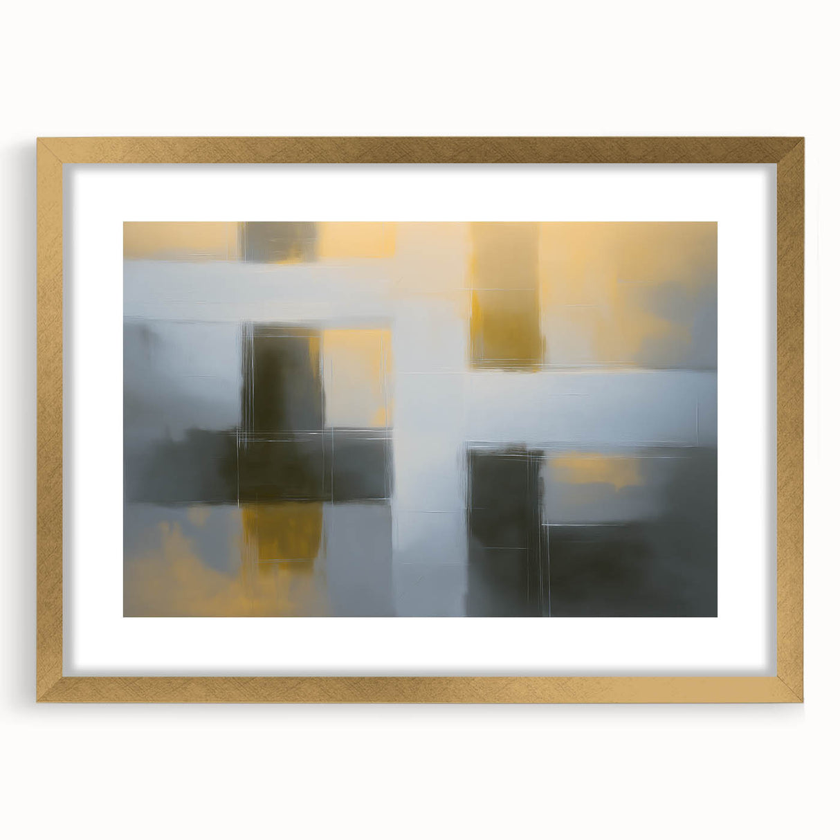 Abstract geometric frame in gold with a mat, showcasing a modern design ideal for home decor. Perfect for enhancing contemporary interiors and art displays.