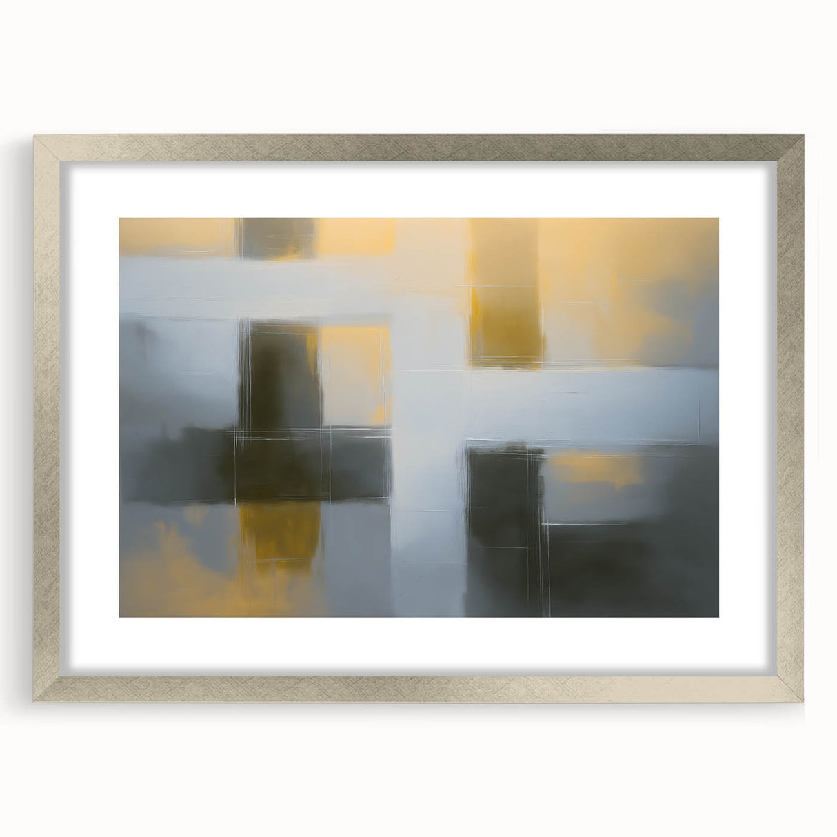Abstract geometric silver frame showcasing a contemporary design, featuring a sleek mat and a front view display ideal for modern home decor and art enthusiasts. Perfect for enhancing interior aesthetics.