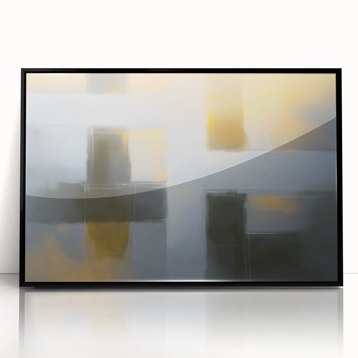 Framed abstract geometric artwork in black acrylic, showcasing a modern design with sharp angles and clean lines, ideal for contemporary home decor settings.