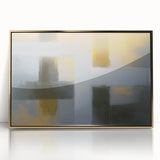 Framed acrylic art piece showcasing an abstract geometric design in gold tones, featuring sharp angles and modern aesthetics, perfect for contemporary decor.