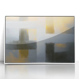 Framed abstract geometric artwork in white acrylic, showcasing bold shapes and vibrant colors, perfect for modern home decor and artistic expression.