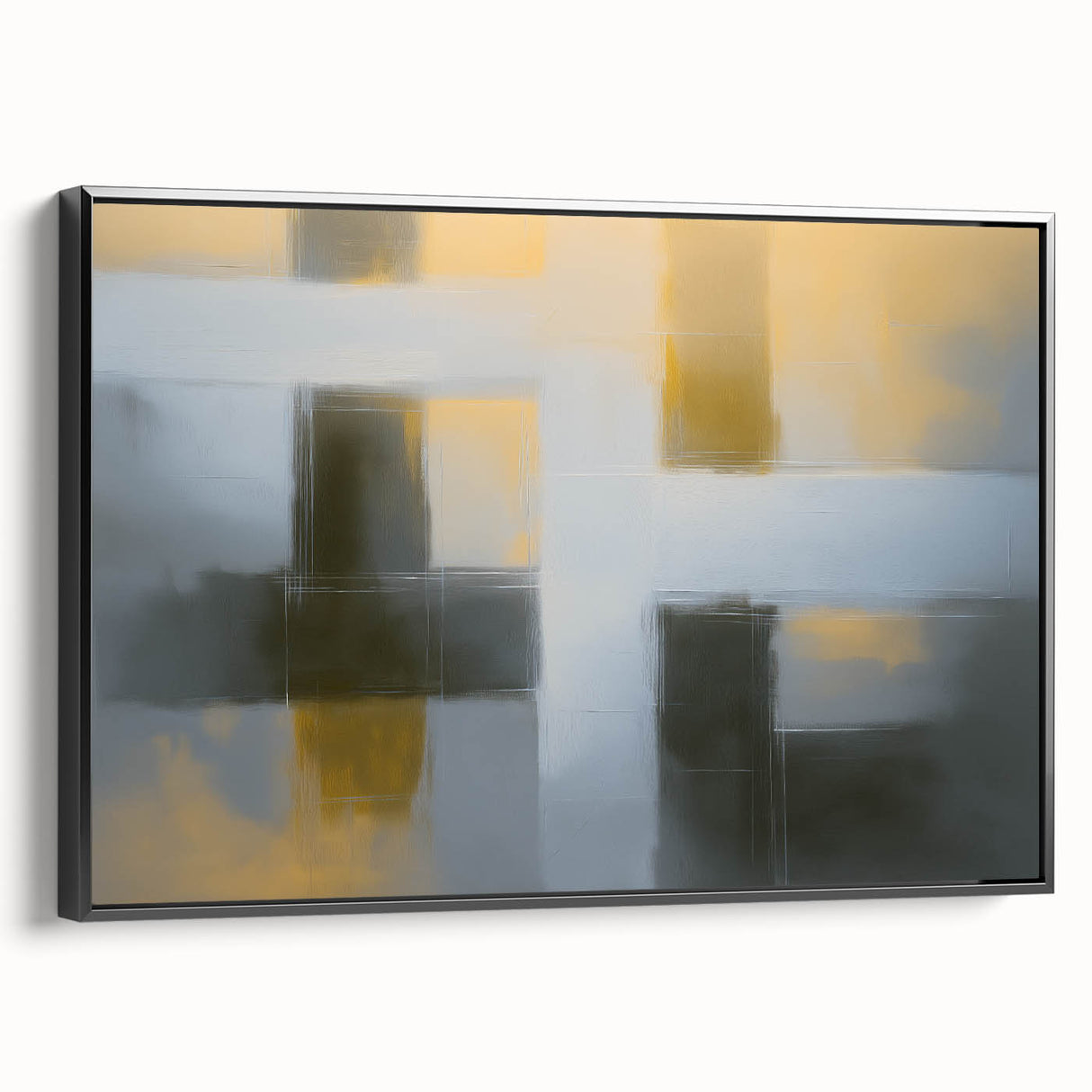 Framed abstract geometric canvas art in black, showcasing modern design elements. Ideal for contemporary decor, adding a stylish touch to any room.