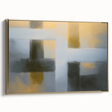 Abstract geometric framed canvas artwork showcasing elegant gold tones and intricate shapes, ideal for modern home decor. Side view highlights the frame's sleek design and premium finish, enhancing any living space's aesthetic appeal.