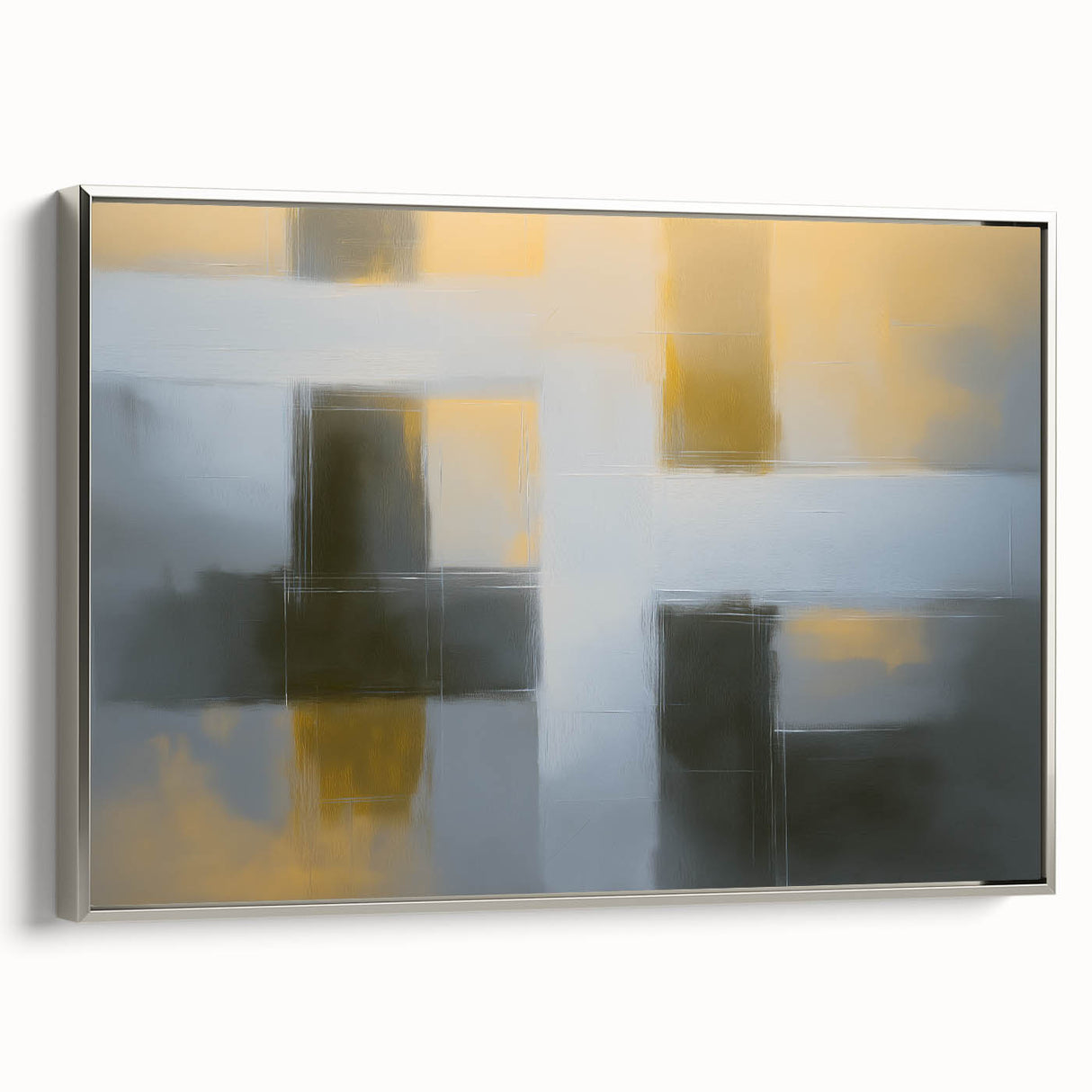 Abstract geometric framed canvas artwork with a silver frame, showcasing intricate patterns and shapes, ideal for modern home decor and artistic enhancement.