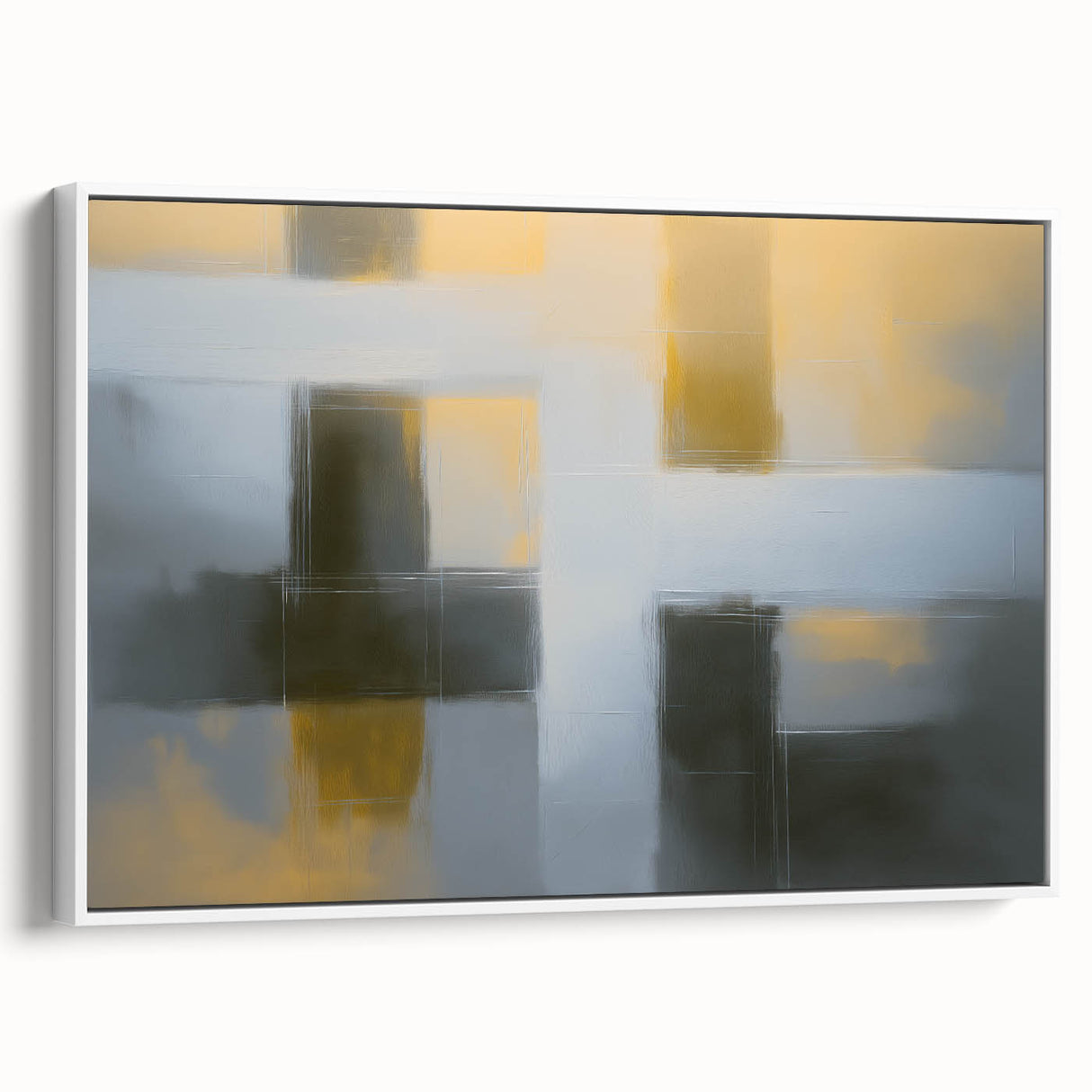 Abstract geometric framed canvas artwork showcasing a modern design with white and gray tones, ideal for contemporary home decor. The side view highlights the frame's sleek profile, making it a stylish addition to any room.