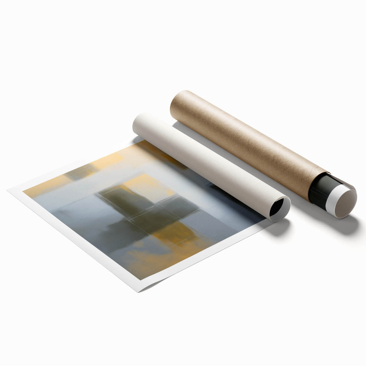Abstract geometric rolled print featuring vibrant colors and intricate patterns, designed to enhance modern interior decor, packaged securely in a cardboard tube.