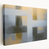 Abstract geometric stretched canvas artwork displayed in a modern setting, featuring vibrant colors and intricate shapes, perfect for contemporary home decor. The side view highlights the depth and texture of the canvas, making it an eye-catching addition to any room.