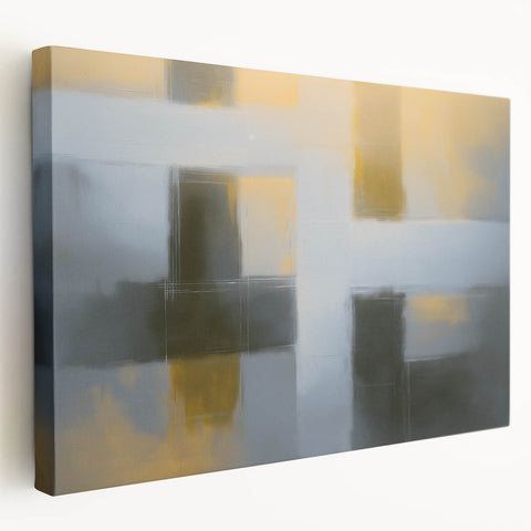 Abstract geometric stretched canvas artwork displayed in a modern setting, featuring vibrant colors and intricate shapes, perfect for contemporary home decor. The side view highlights the depth and texture of the canvas, making it an eye-catching addition to any room.