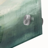 Close-up of vibrant abstract landscape wall art featuring swirling colors of blue, orange, and green, printed on acrylic glass for a modern decor accent.