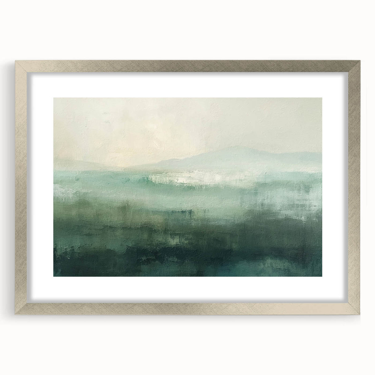 Abstract landscape wall art framed in silver, featuring soft blue and green hues with a textured mat, perfect for modern home decor. Ideal for creating a serene ambiance in living spaces or offices.