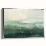 Framed abstract landscape wall art featuring serene shades of blue and silver, showcasing a modern design with a sleek side profile, perfect for contemporary decor.