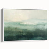 Framed abstract landscape wall art showcasing soft neutral tones of beige and white, designed for modern home decor. The canvas is displayed from a side view, highlighting the elegant frame and artistic texture. Ideal for enhancing living spaces with a contemporary touch.