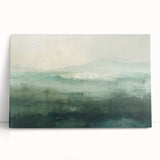 Abstract landscape wall art on stretched canvas, showcasing vibrant hues of blue, green, and orange. Perfect for modern home decor, adding a touch of creativity and serenity.