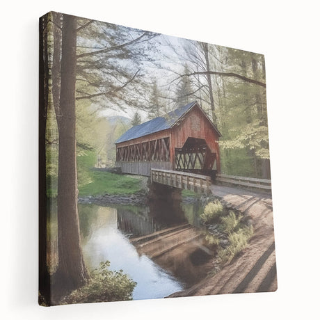 Side view of a large art depiction of a covered bridge in muted brown and green tones on stretched canvas.